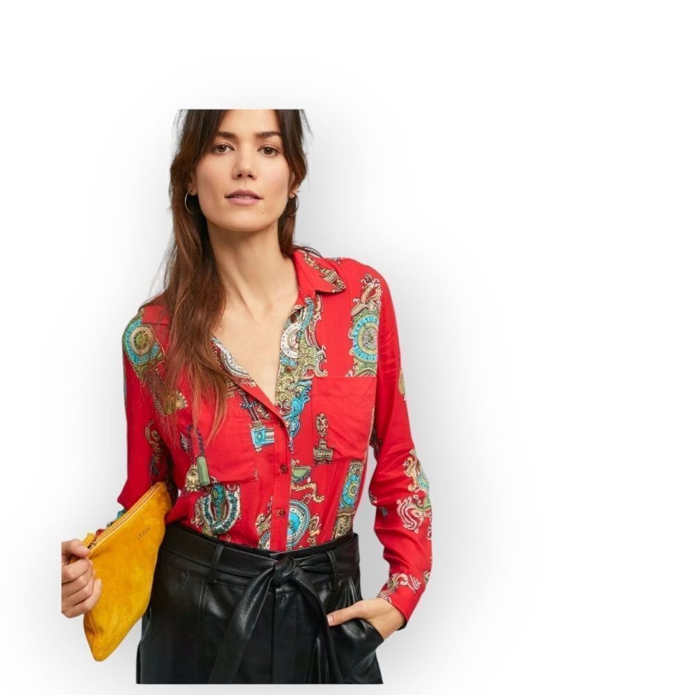Anthropologie Maeve Whimsy clocks Buttondown long sleeve red motif Shirt SZ 4